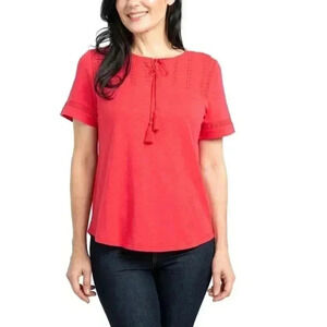 ❤️ Hilary Radley Red Top Slub Knit Medium Short Sleeved Eyelet Women's Tee NWT